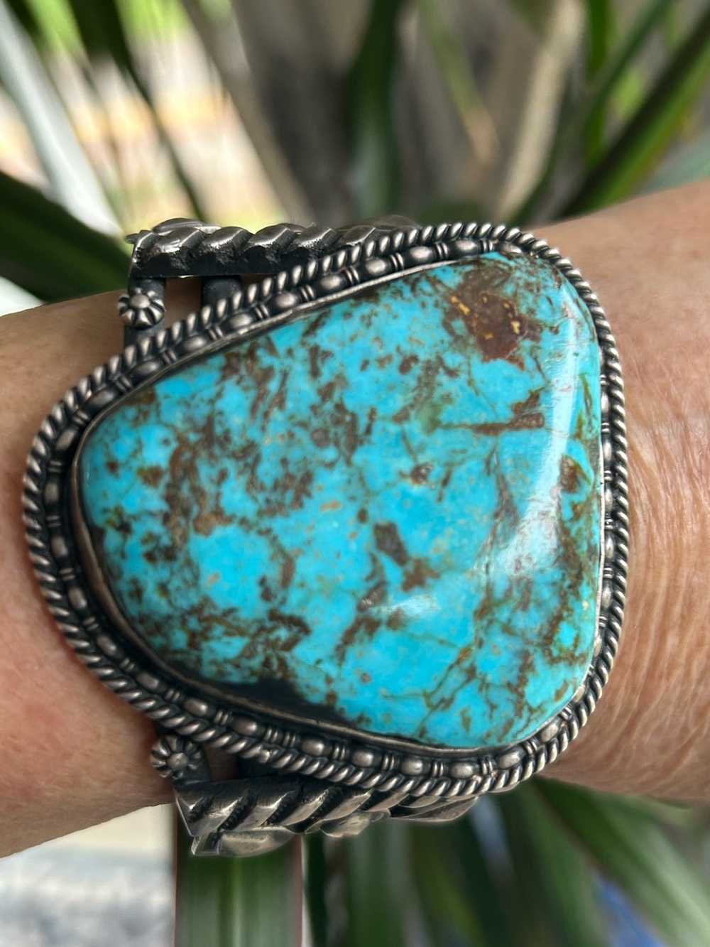 Turquoise Statement Cuff Bracelet Ronald Tom Navajo 6.75” Silver Design
